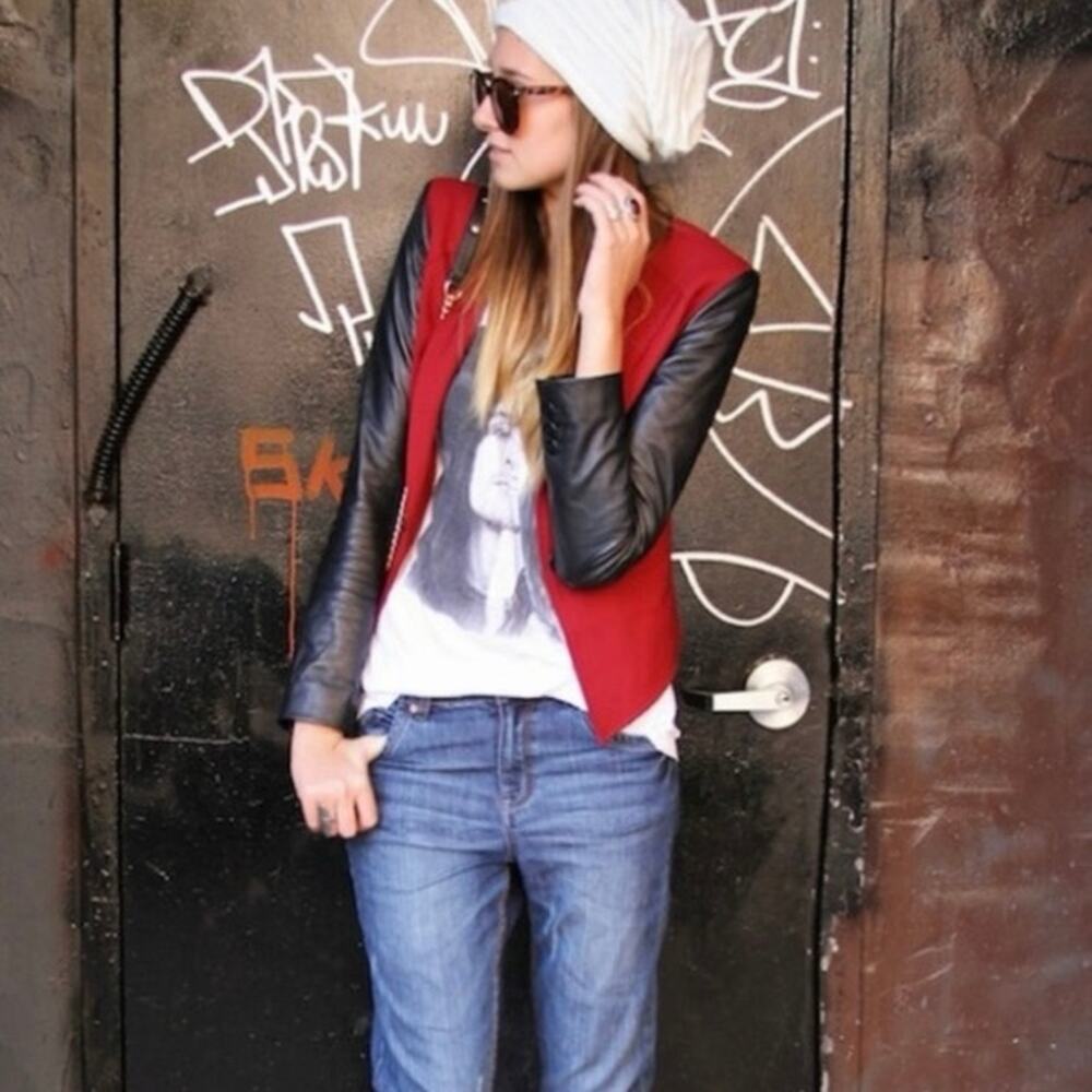 Rebecca minkoff Della wool blend / leather blazer red black small - Picture 5 of 14